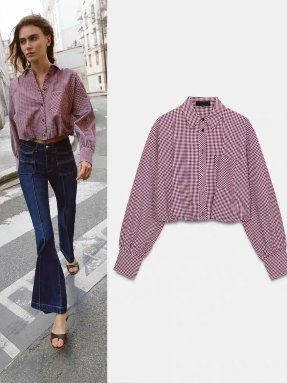 ZARA Red Gingham Ruffle-Sleeve Top